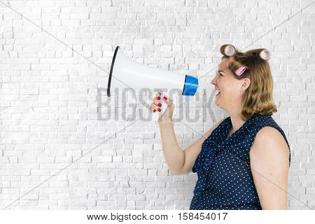 Woman Smiling Happiness Megaphone Announcement Concept