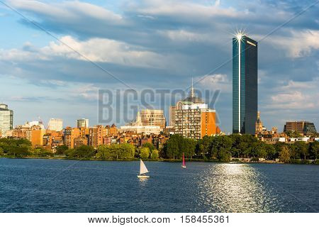 Boston Massachusettes Back Bay Distric with dark clouds behind
