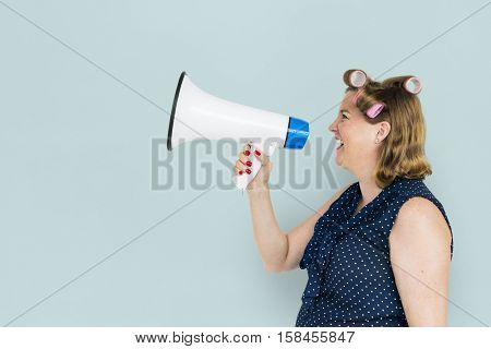 Woman Smiling Happiness Megaphone Announcement Concept