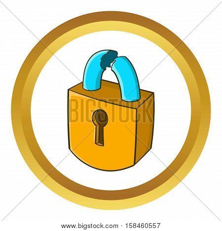 Padlock which is broken vector icon in golden circle, cartoon style isolated on white background