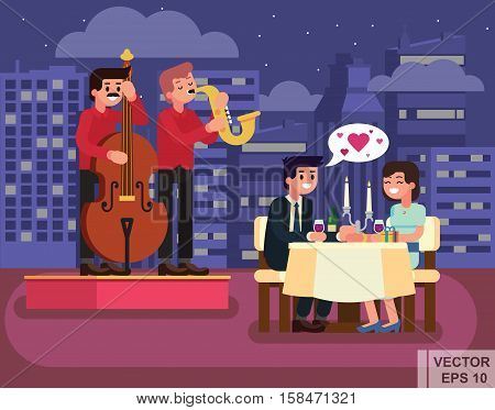 Man And Woman In Cafe. Romantic Date. Night Meeting. Couple In Love. Street Musicians. Vector Illust