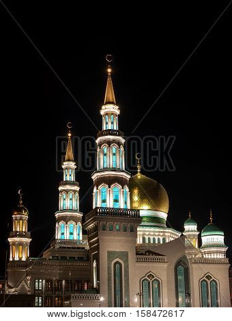 Moscow Cathedral Mosque. Night Photography. Beautiful light golden domes.