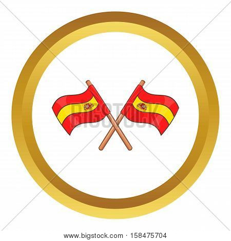 Spain crossed flag vector icon in golden circle, cartoon style isolated on white background