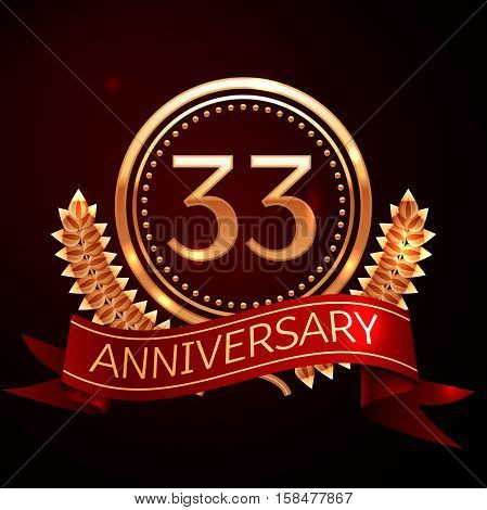 Thirty three years anniversary celebration with golden ring and ribbon.