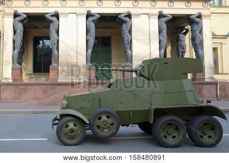 SAINT PETERSBURG, RUSSIA - MAY 05, 2015: Soviet cannon armored car 30-ies BA-3 at the entrance to the building of the New Hermitage. The historical landmark of the Saint-Petersburg