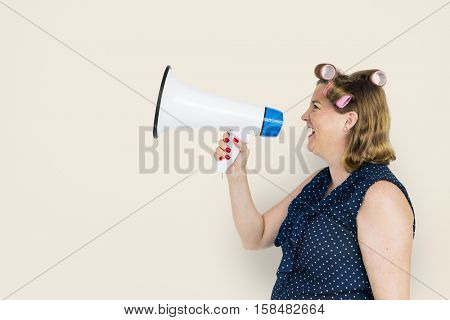 Woman Smiling Happiness Megaphone Announcement Concept
