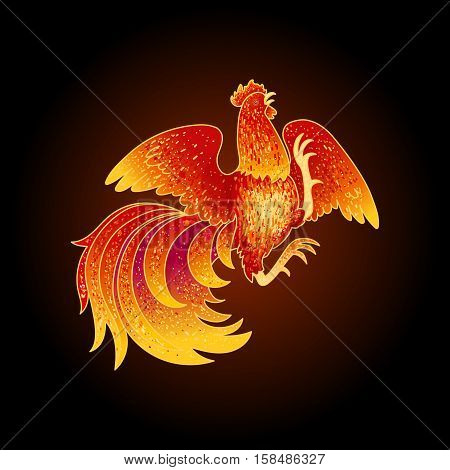 2017, the Year of the Fire Rooster in Chinese Horoscope. Red and gold colors, symbol of new year. Fire element. Hand drawn sketchy cartoon clip-art, vector illustration, isolated on black