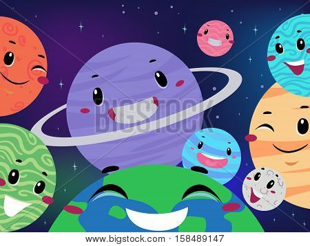 Vector Illustration of Different Planet Mascot on Universe