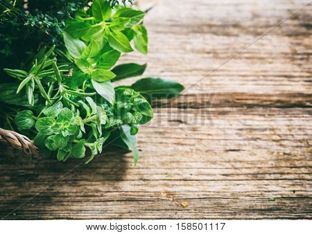 Variety Of Herbs On Wooden Background