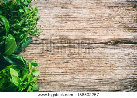 Variety Of Herbs On Wooden Background