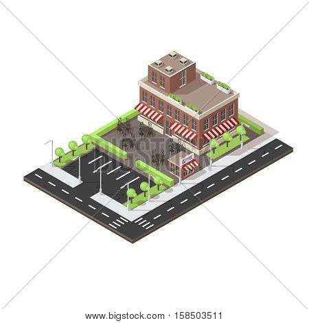 Isometric layout of cafe building with street tables and parking road infrastructure on white background vector illustration