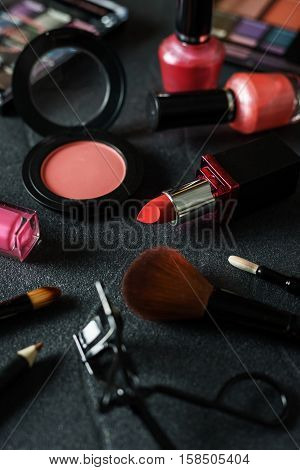 Various make-up products and cosmetics, Close up