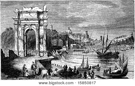 Ancona und die BÃ¶gen des Trajan, Italien. Szene aus dem Jahre 1890, alten Jahrgang Illustration.
