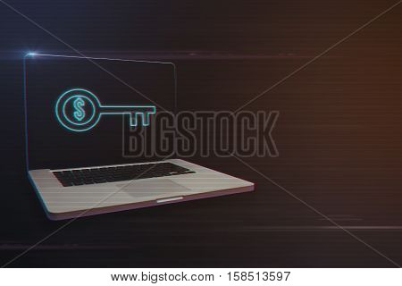 Laptop with Key Dollar Sign Icon on Light Motion Background and Lens Flare - Digital 3d Effect Style Color