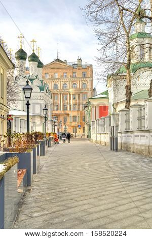 MOSCOW RUSSIA - November 11.2016: Ancient street in the historical center of city. Chernigov lane