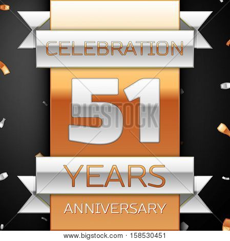 Fifty one years anniversary celebration golden and silver background. Anniversary ribbon