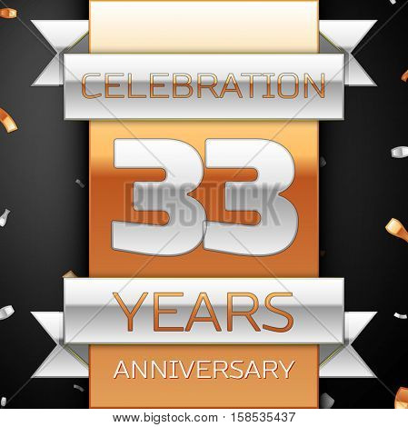 Thirty three years anniversary celebration golden and silver background. Anniversary ribbon