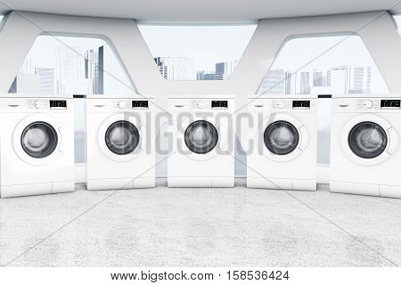 Row of Industrial Modern Washing Machines in a Public Washhouse extreme closeup. 3d Rendering