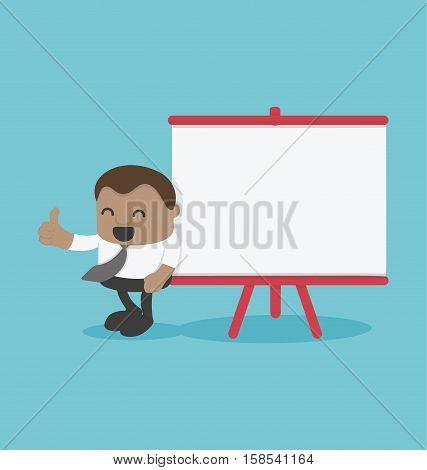Concept Young African businessman with a blackboard smiling while standing against background .background chalkboard