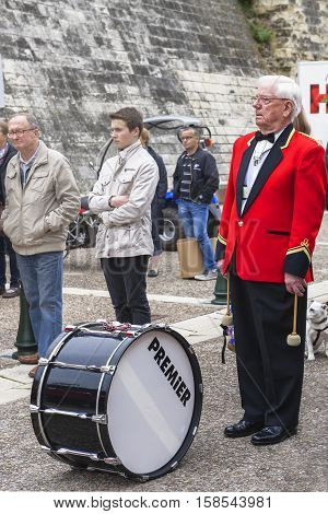 Amboise, France - June 2016: Bollington brass band drummer at street
contest in Amboise
