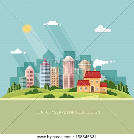 cityscape - summer Country house on a background of a big city. Flat style vector illustration.