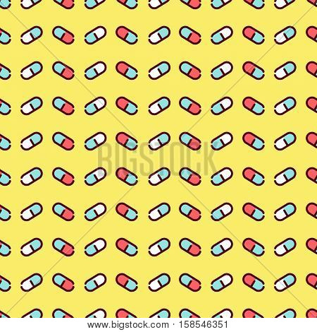 Medical seamless pattern made of capsule pills on yellow background. Pharmaceutical linear symbols. Vector Illustration.