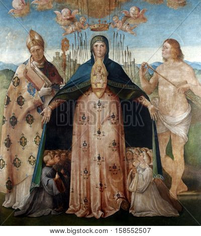 SPLIT, CROATIA - DECEMBER 12: Benedetto Diana: Madonna Help of Christians with Saint Louis of Toulouse and Saint Sebastian, Altarpiece in the Franciscan church in Split, Croatia on December 12, 2011