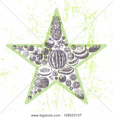 Ink hand drawn fruits star. Healthy eating illustration in lynocut style