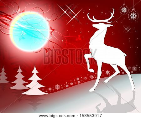 Red design Christmas majestic deer with raised paw, Christmas trees and the glowing moon with stars