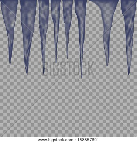 Hanging translucent icicles in blue colors on transparent background. vector illustration of icicles. winter elements for background and design.