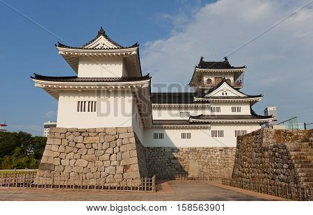 TOYAMA JAPAN - JULY 31 2016: Reconstructed Toyama castle. Castle was founded in 1543 by Jinbo Nagamoto dismantled in 1870 reconstructed in 1954
