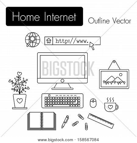 Home Internet . computer and modern workspace and equipment ( monitor screen , keyboard , mouse , picture frame , cup of coffee , notebook , pen , paper clip , ruler , flowerpot ) in room .