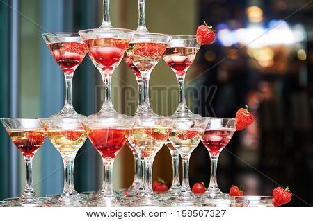 Champagne pyramid on event, party or banquet