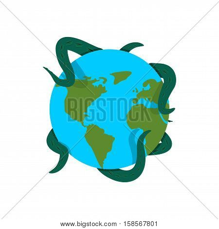 Earth In Tentacles Of Monster. Cthulhu Conquest Of Planet. Giant Octopus Hugging Globe