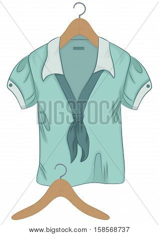 Vector illustration of woman's blouse and a wooden hanger on white background