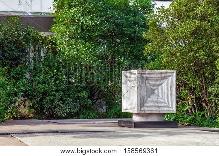 Lisbon, Portugal - October 19, 2016: Art decorating the garden of the Calouste Gulbenkian foundation. A very popular urban park open to the public especially among College students.