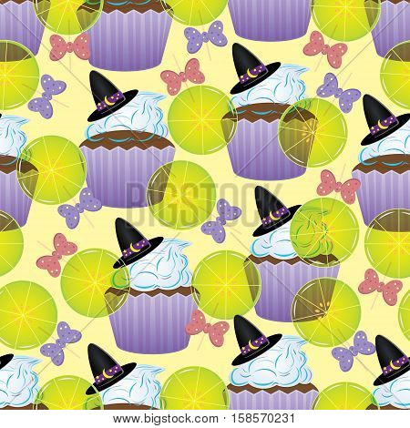 Vector seamless pattern with different cute objects: cupcakes bows cats sweets and lollipop. Good for halloween packing prints and textile production