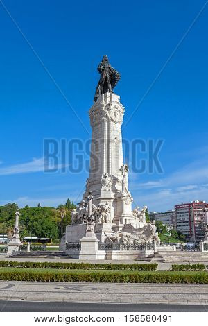 Marques de Pombal Square and Monument in Lisbon, placed in the center of the busiest roundabout of Portugal. One of the landmarks of the city.