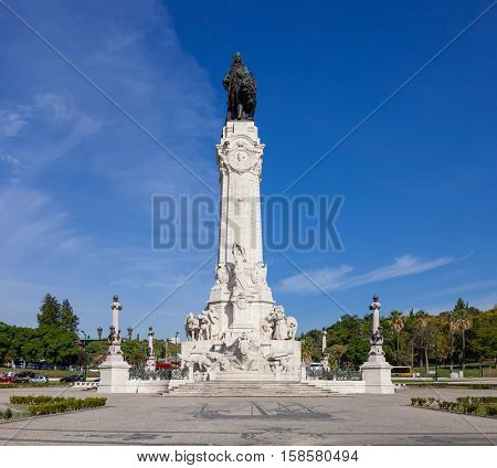 Marques de Pombal Square and Monument in Lisbon, placed in the center of the busiest roundabout of Portugal. One of the landmarks of the city.