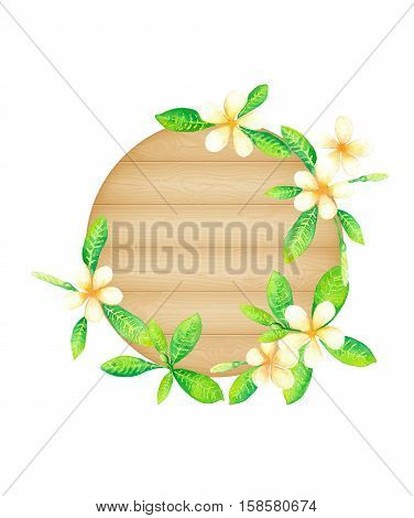 Frangipani flowers on the round wooden textured background watercolor painting