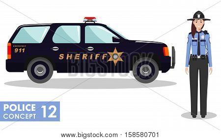 Detailed illustration of police car and woman police officer in flat style on white background.