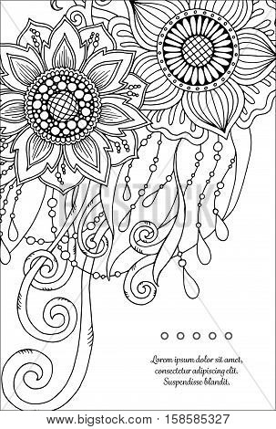 Template for vintage card with detailed hand drawn zentangle inspired flowers. Save the date cards, wedding invitation flowers and decorative elements. Floral invites, boho style.