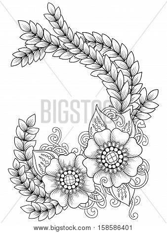 Template for vintage card with detailed hand drawn zentangle inspired flowers. Save the date cards, wedding invitation and decorative elements. Floral invites, boho style. Coloring page.