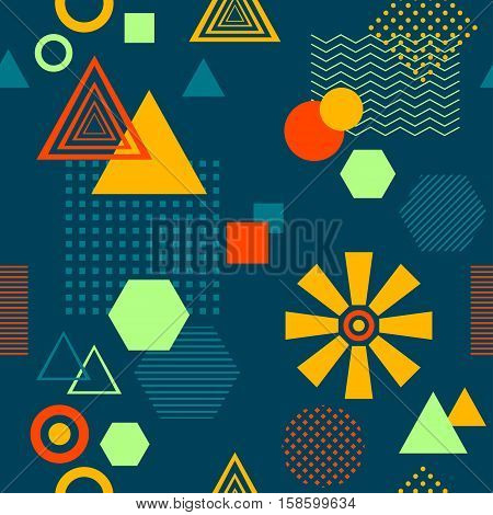 Abstract seamless pattern from geometric form in postmodern Memphis Style on dark blue background for wallpaper or package or for clothes for decoration childish school subject or for creative design