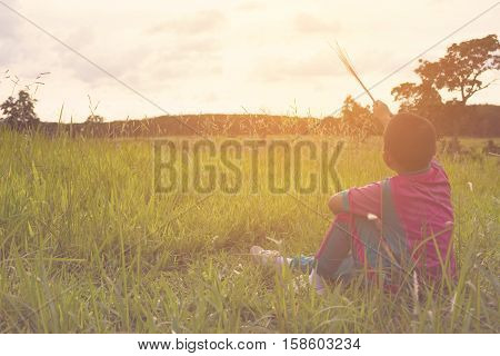 Child happy with mountain view,Or boy happy for trvel and relax with mountain and sunshine view.2