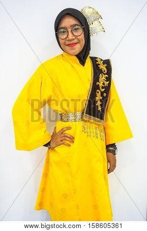 Labuan,Malaysia-Nov 26,2016:Malay lady with zapin custome during Borneo festival in Labuan.Zapin is a dance form that is popular in Indonesia & Malaysia,especially in the state of Johor.
