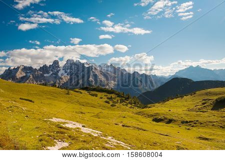 Scenic view of Italian Dolomites on sunny autumn day
