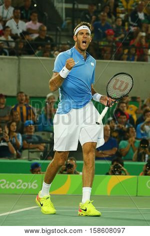 RIO DE JANEIRO, BRAZIL - AUGUST 14, 2016: Grand Slam champion Juan Martin Del Potro of Argentina in action during his men singles final match of the Rio 2016 Olympic Games at the Olympic Tennis Centre