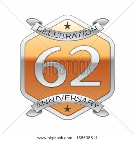 Sixty two years anniversary celebration silver logo with silver ribbon and golden hexagonal ornament on white background.
