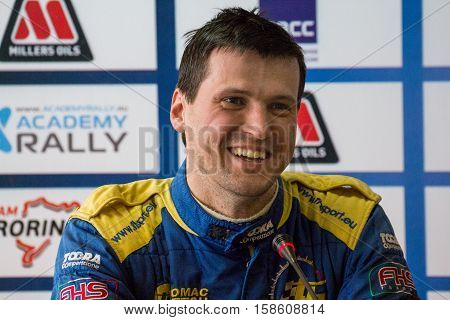Moscow Russia - Apr 18 2015: Driver Myachin Dmitriy during a press conference after the Rally Masters Show 2015.